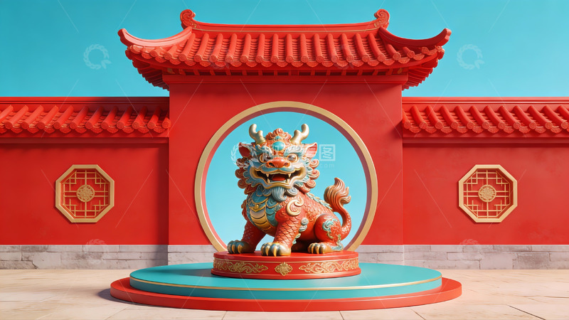 高清大图下载【趣麦麦图】红色传统建筑前的石狮雕像