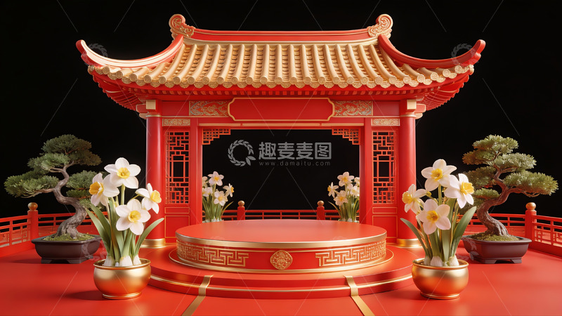 高清大图下载【趣麦麦图】中式亭台花卉装饰场景