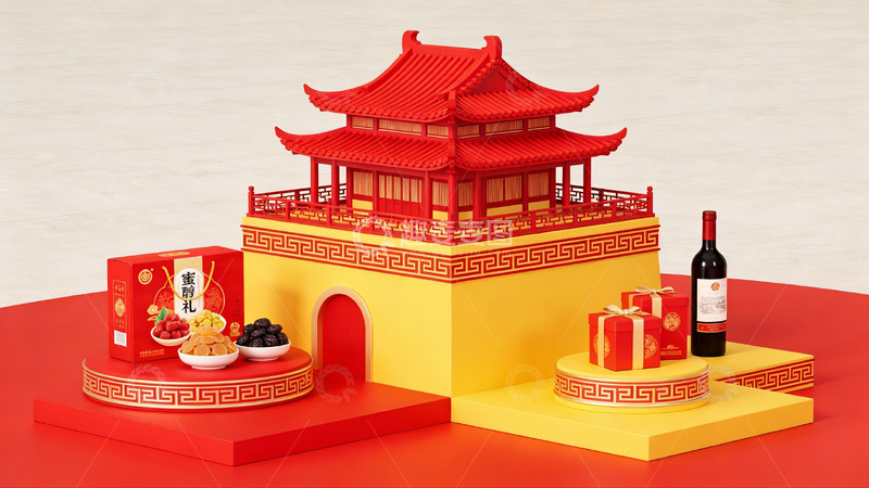 高清大图下载【趣麦麦图】中式传统建筑与节日礼盒陈列