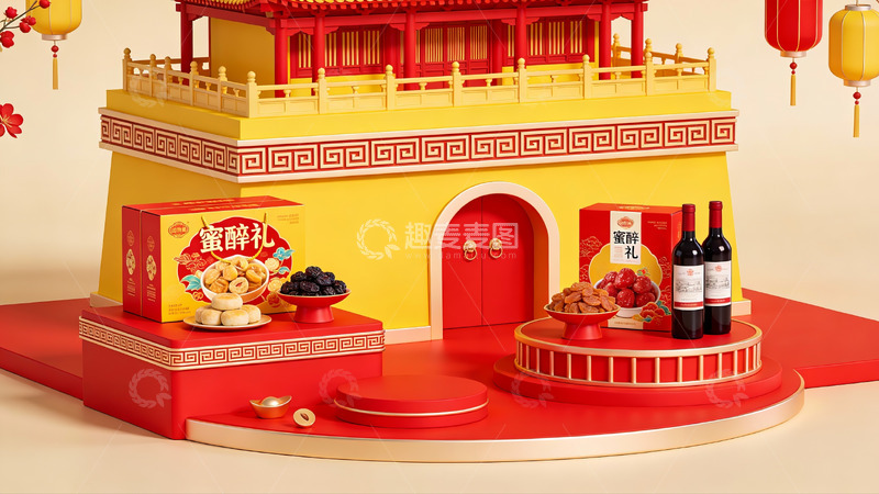 高清大图下载【趣麦麦图】中式建筑风格节日礼盒展示