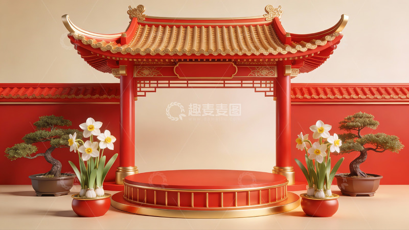 高清大图下载【趣麦麦图】中式亭台花卉展示场景