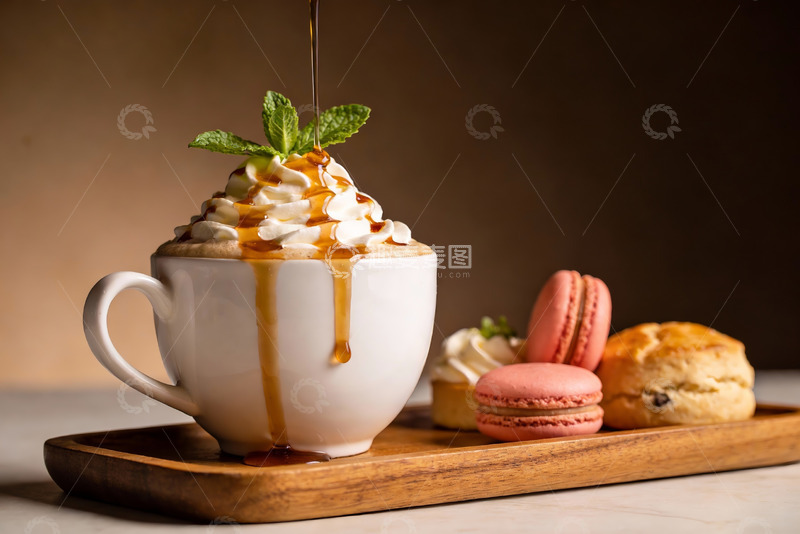 高清大图下载【趣麦麦图】咖啡甜点特写奶油淋酱与马卡龙