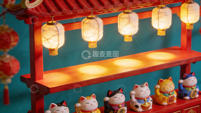 高清大图下载【趣麦麦图】招财猫与灯笼装饰场景