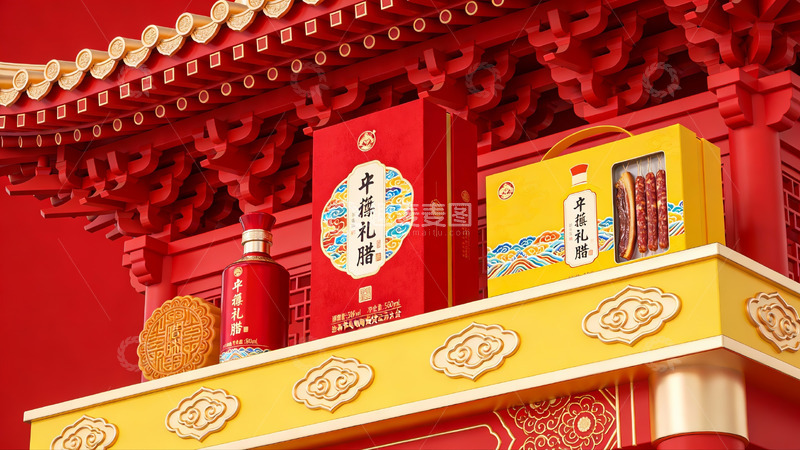 高清大图下载【趣麦麦图】传统建筑前的节日礼盒展示