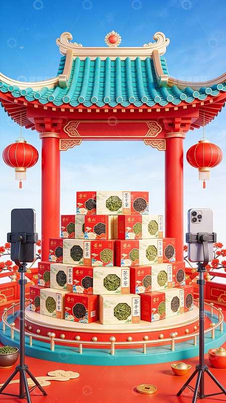 中式亭台前茶叶礼盒展示
