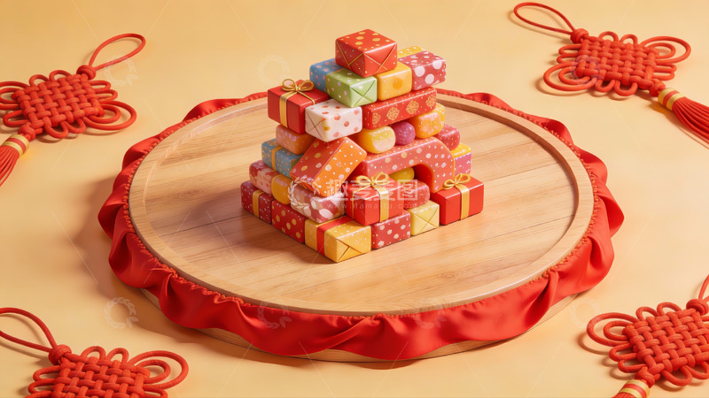 高清大图下载【趣麦麦图】彩色礼盒堆叠于木质托盘