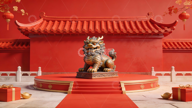 高清大图下载【趣麦麦图】红色庭院中的石狮雕像