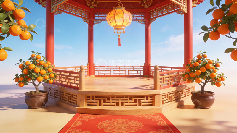 高清大图下载【趣麦麦图】中式亭台与金桔树景观