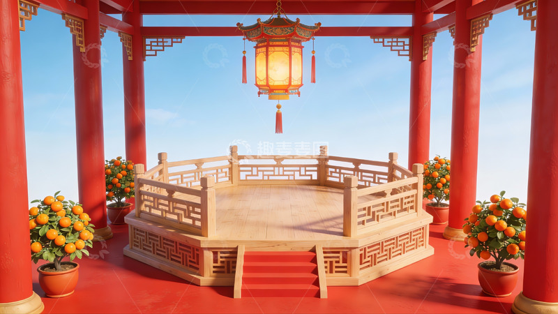 高清大图下载【趣麦麦图】中式亭台与橙花装饰