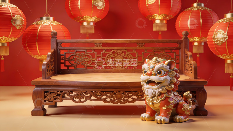 高清大图下载【趣麦麦图】中式红灯笼与石狮装饰场景