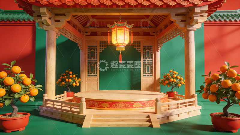 高清大图下载【趣麦麦图】中式亭台与柑橘盆景