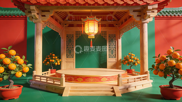 中式亭台与柑橘盆景