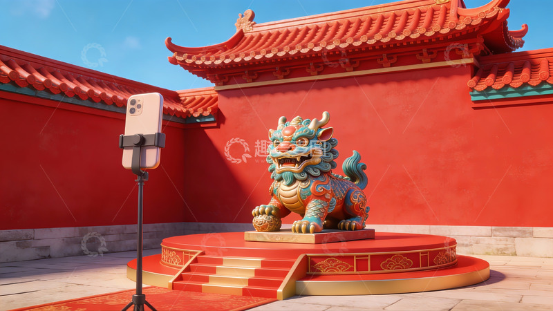 高清大图下载【趣麦麦图】传统石狮雕像前的手机拍摄场景