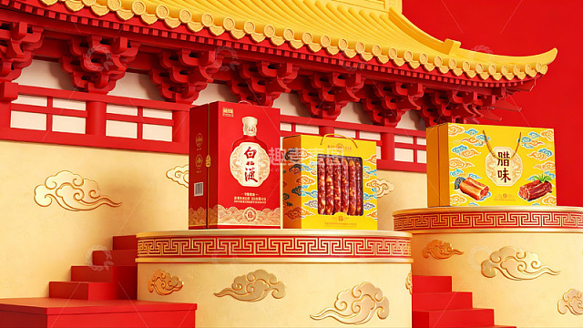 传统建筑前的节日食品展示