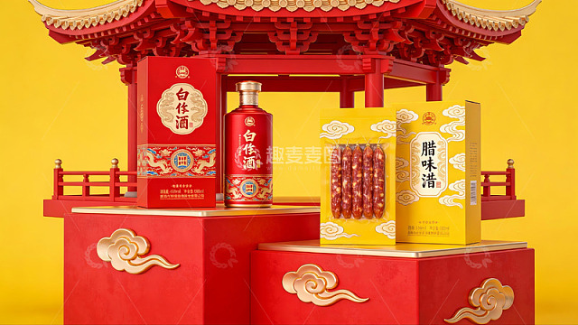 传统风格酒品与腊味展示