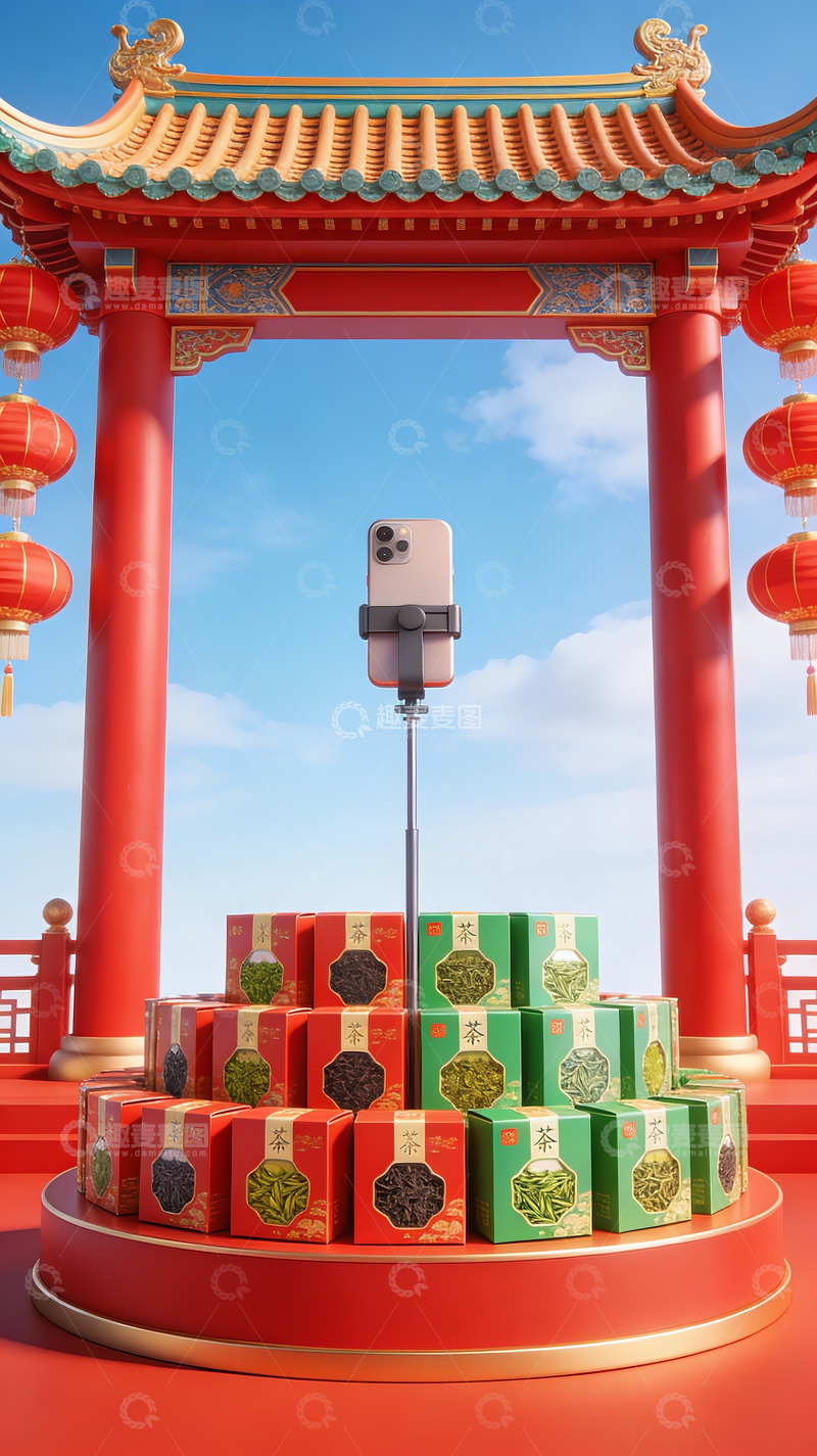 高清大图下载【趣麦麦图】传统建筑前的礼盒堆叠展示