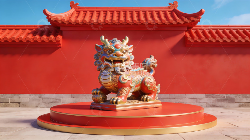 高清大图下载【趣麦麦图】红色墙前的石狮子雕像