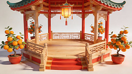 中式亭台与橙树装饰场景