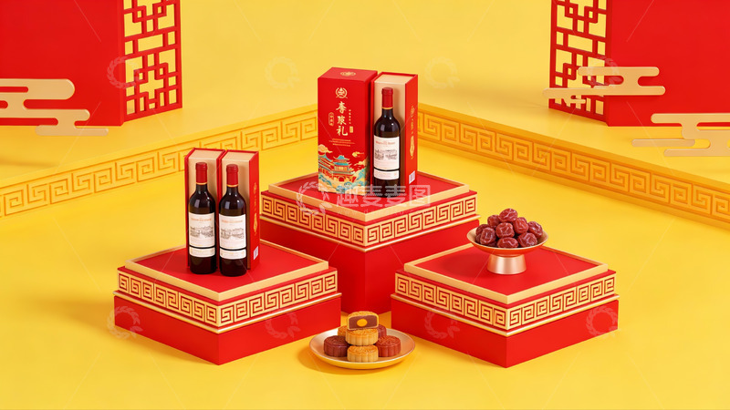 高清大图下载【趣麦麦图】红色礼盒酒品陈列展示