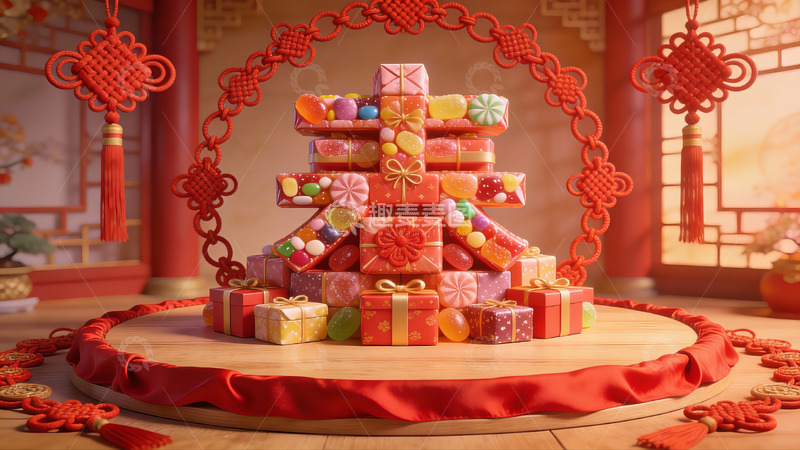 高清大图下载【趣麦麦图】中式糖果礼盒堆叠装饰