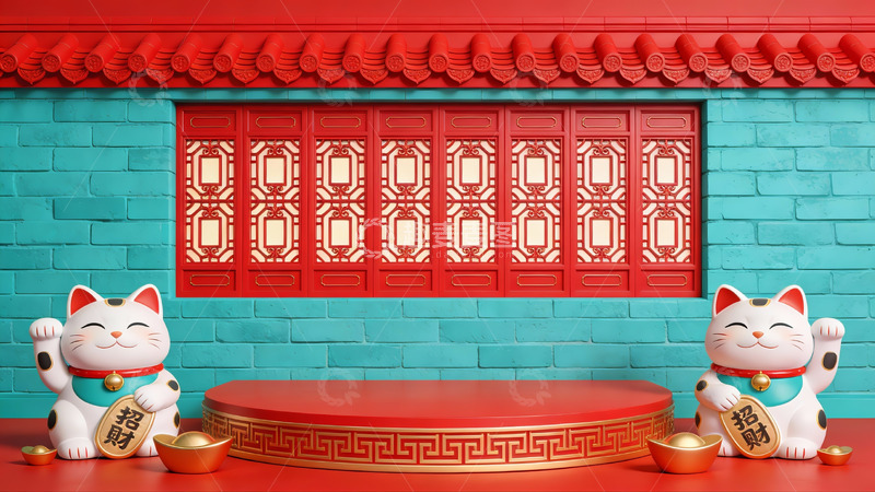 高清大图下载【趣麦麦图】招财猫与传统中式建筑装饰