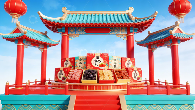 高清大图下载【趣麦麦图】传统中式亭台与节日礼盒展示