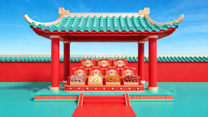 高清大图下载【趣麦麦图】传统建筑前的食品展示