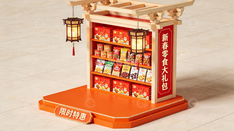 高清大图下载【趣麦麦图】新春零食礼盒展台陈列