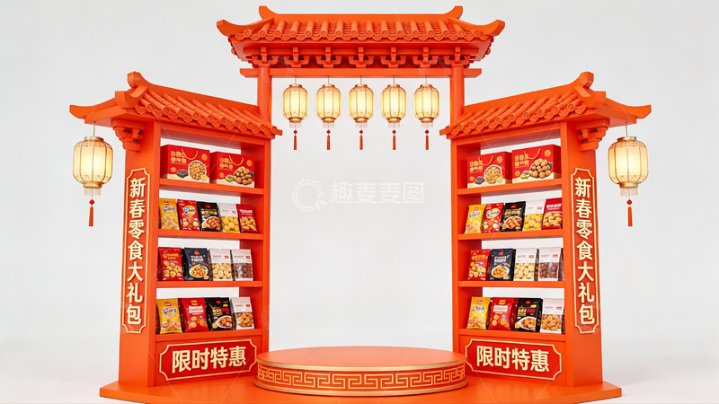 高清大图下载【趣麦麦图】新春零食礼盒促销展台