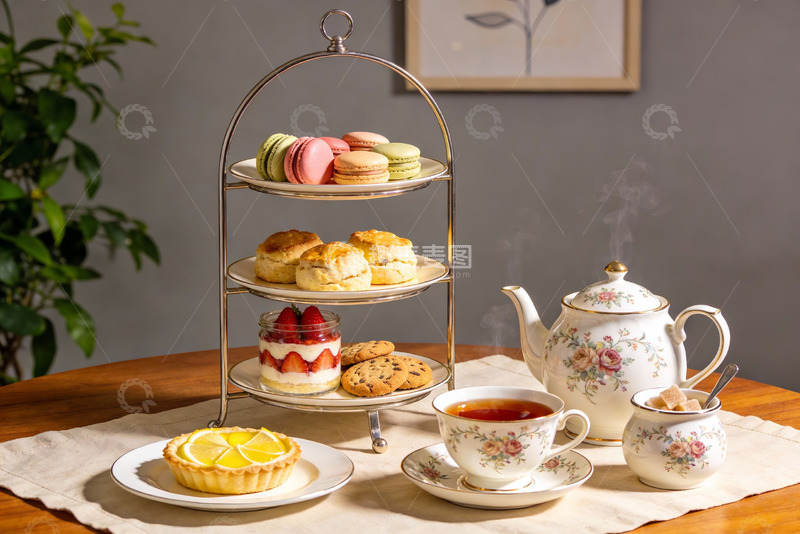 高清大图下载【趣麦麦图】精致下午茶点心与茶具摆盘