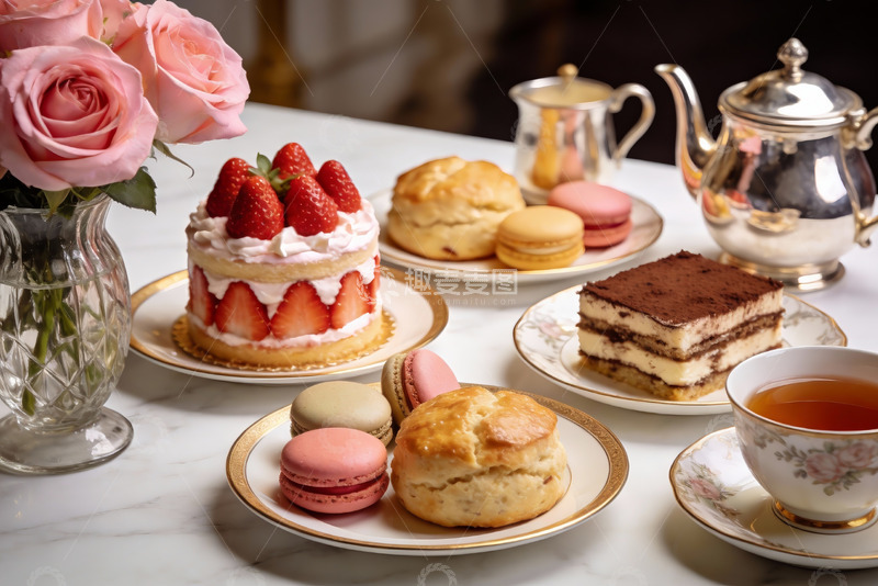 高清大图下载【趣麦麦图】精致下午茶甜点与茶具摆盘