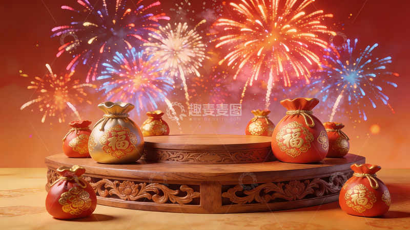高清大图下载【趣麦麦图】春节烟花与福袋装饰场景