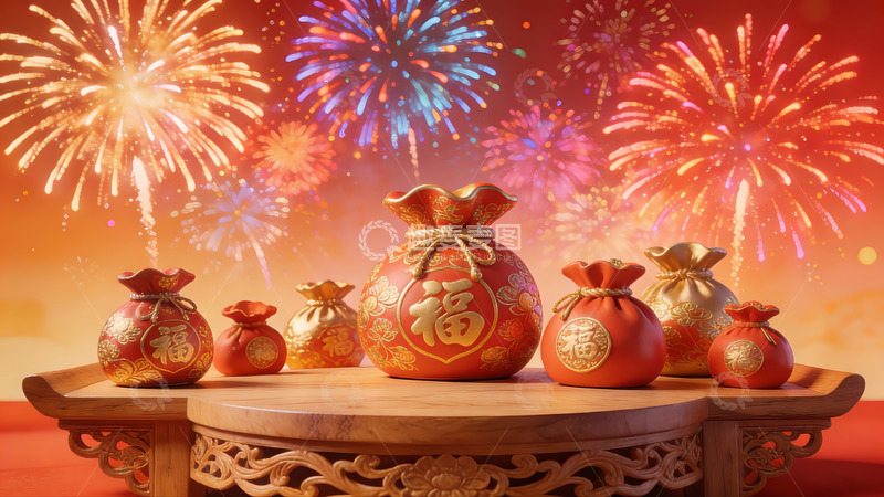高清大图下载【趣麦麦图】春节烟花与福袋装饰