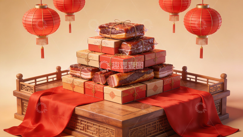 高清大图下载【趣麦麦图】中式礼盒堆叠与红灯笼装饰