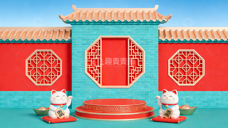 高清大图下载【趣麦麦图】中式建筑前招财猫摆件