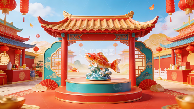 高清大图下载【趣麦麦图】中式庭院金鱼雕塑场景