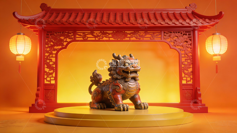 高清大图下载【趣麦麦图】中式石狮雕像与传统门楼