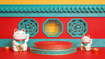 招财猫与传统建筑背景
