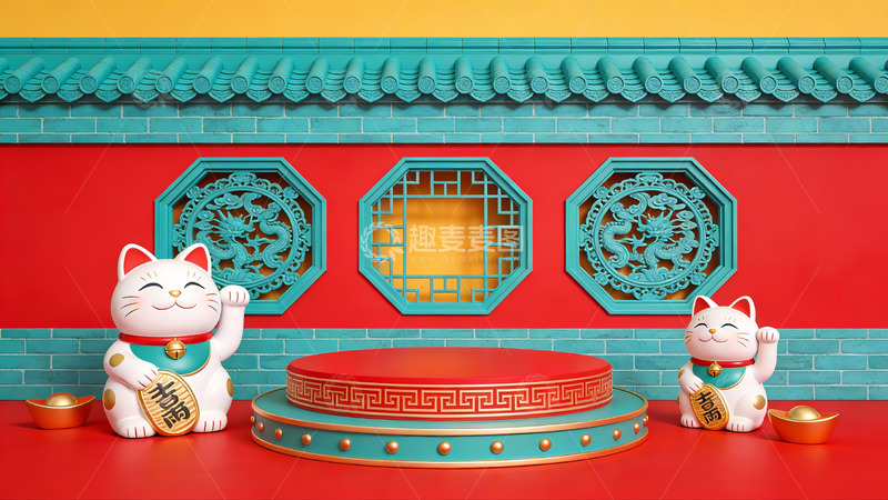 高清大图下载【趣麦麦图】招财猫与传统建筑背景