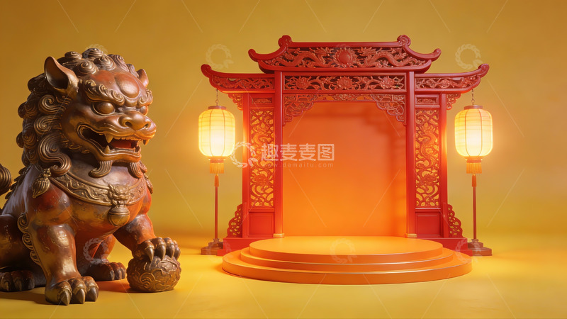 高清大图下载【趣麦麦图】中式石狮与传统门楼场景