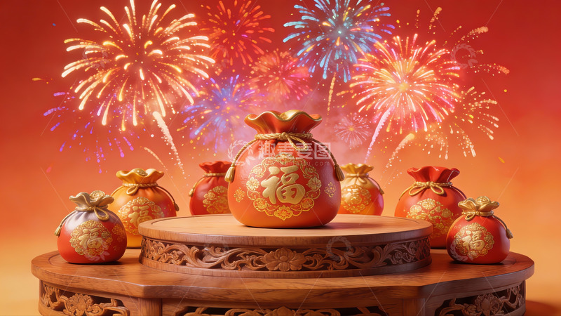 高清大图下载【趣麦麦图】春节烟花与福袋装饰