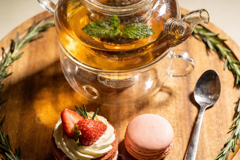 高清大图下载【趣麦麦图】茶香甜点木盘摆拍