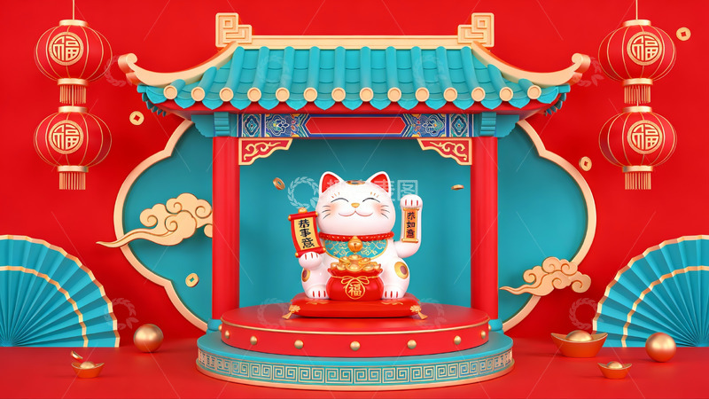 高清大图下载【趣麦麦图】招财猫置于传统亭台前
