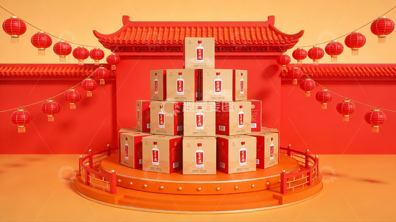 高清大图下载【趣麦麦图】红色中式建筑前的礼盒堆叠