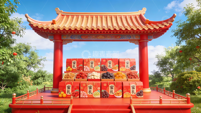 高清大图下载【趣麦麦图】传统亭台展示果礼盒