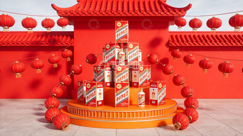 高清大图下载【趣麦麦图】红色建筑前的礼盒堆叠展示