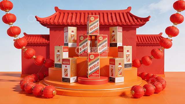 红色建筑前的礼盒陈列