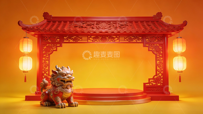 高清大图下载【趣麦麦图】中式传统建筑与石狮装饰场景