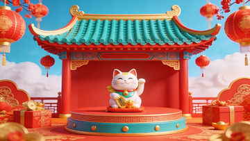 招财猫在传统建筑前的节日场景