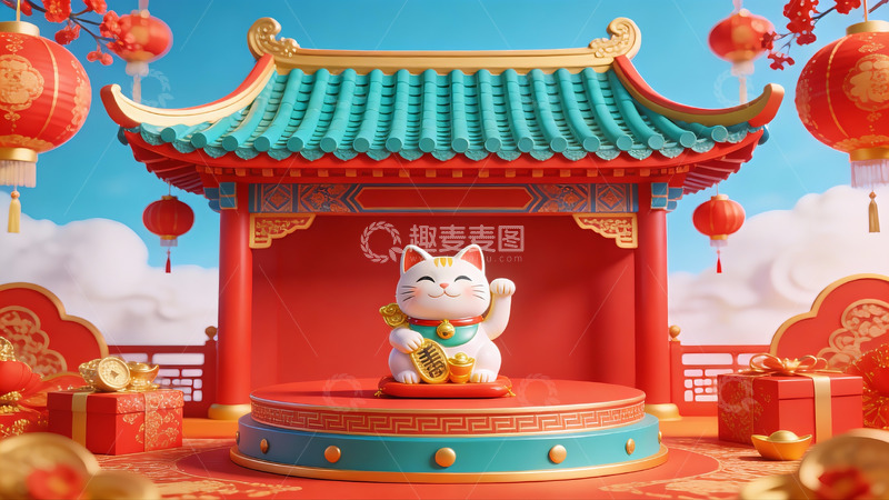 高清大图下载【趣麦麦图】招财猫在传统建筑前的节日场景